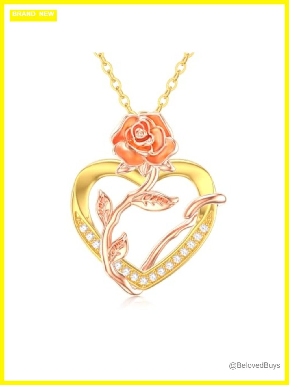 14K Solid Gold Rose Flower Heart Pendant Necklace 16-18 in Women's Jewelry